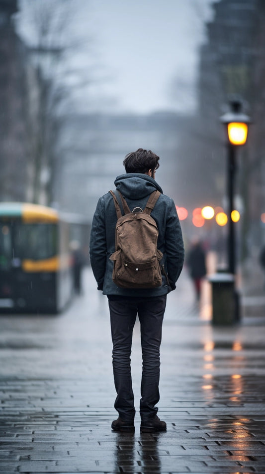 back of man walking in rain