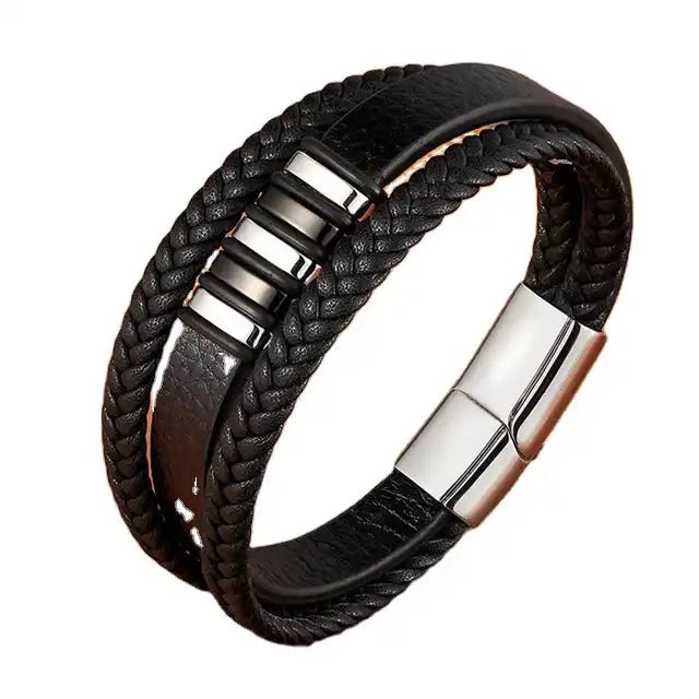 läderarmband med tre remmar, svart färg och silver lås